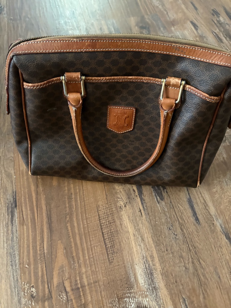 Celine Brown Monogram Leather Trim Satchel